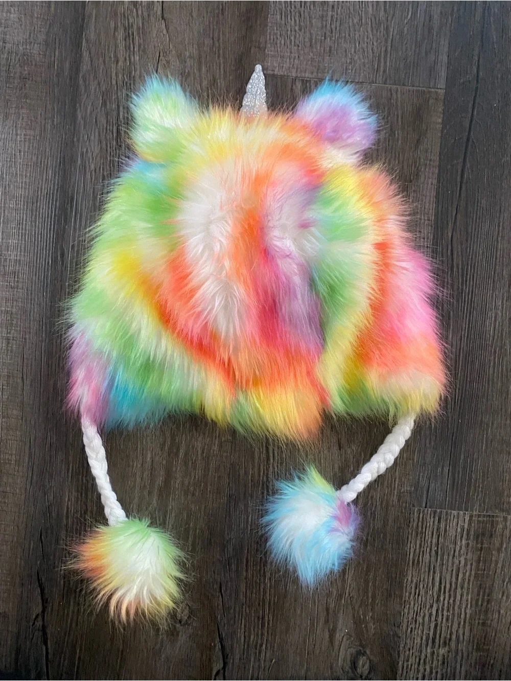 Justice Rainbow Faux Fur Unicorn Hat with Sparkle Horn